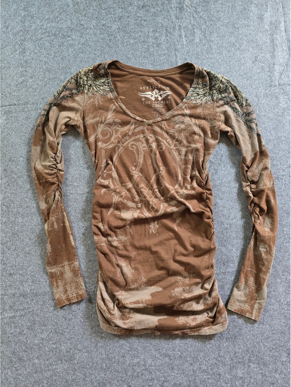 Affliction Women's Long Sleeve Brown Graphic Shirt W/ Studded Wings Indie Sleeze